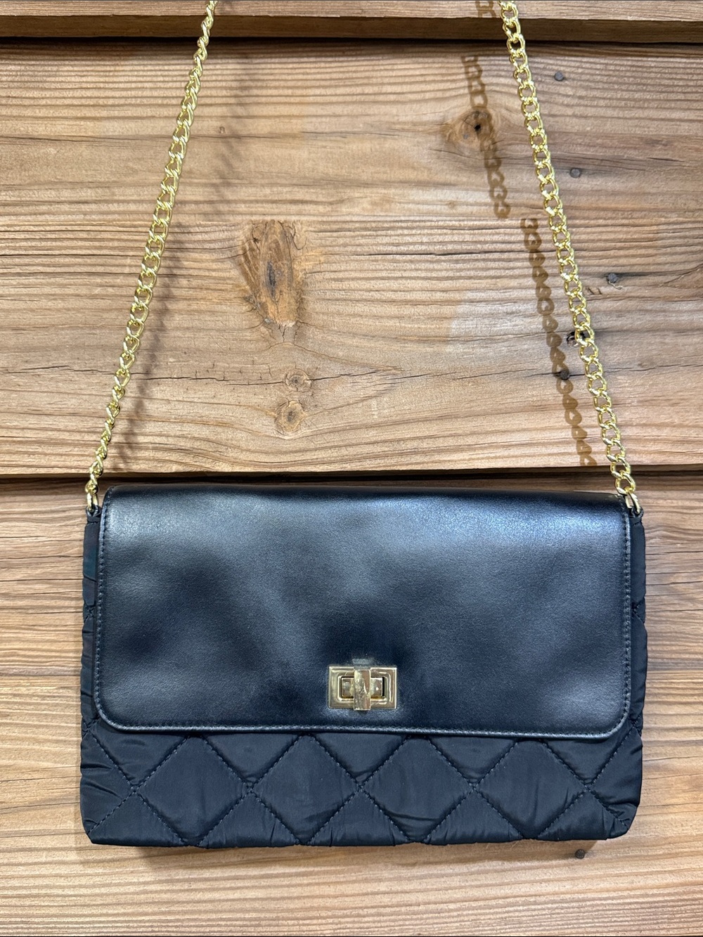 Talbots Classic Black Quilted Crossbody Bag with Gold Chain